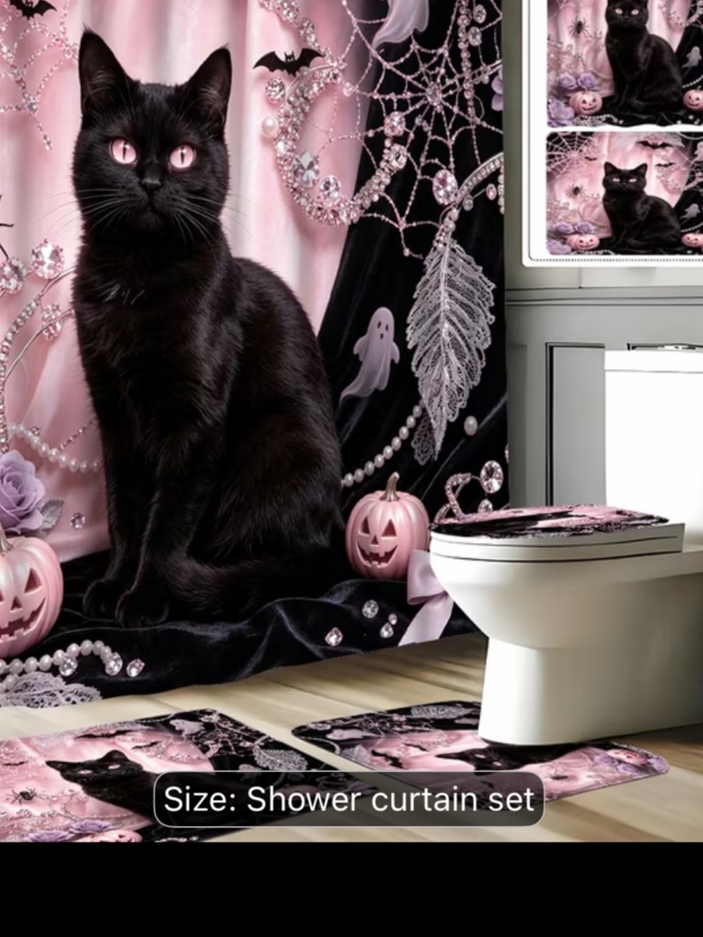 Gothic Black Cat Halloween Shower Curtain Set - Pink and Black